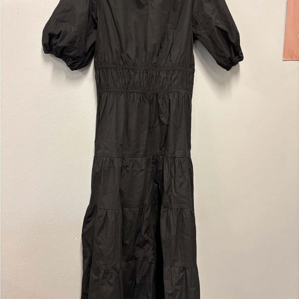 GREYLIN Gloria Poplin Tiered Dress BlackTie waist Midi Puff Sleeve Shirred Waist - Picture 4 of 8